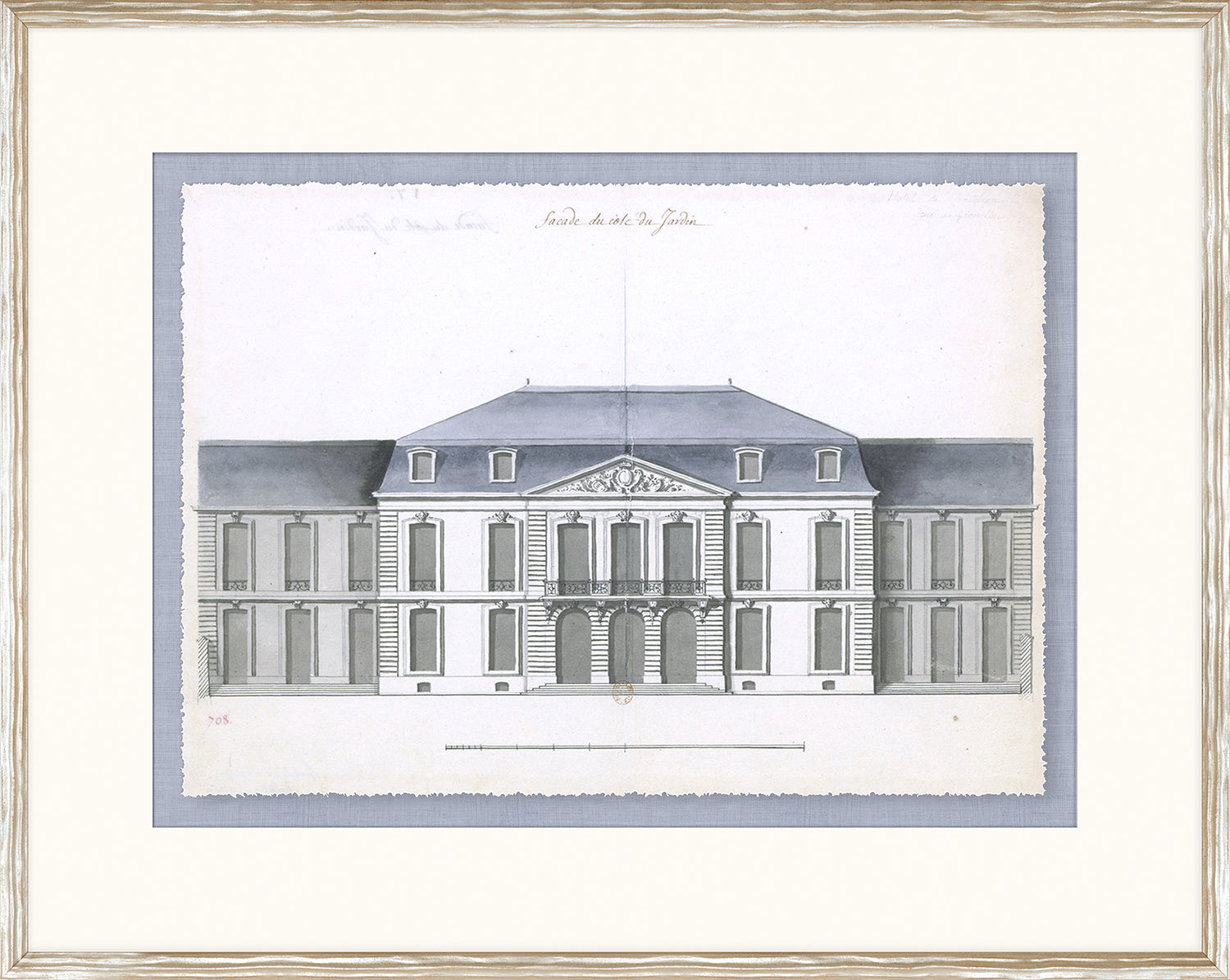 Blue Roof Façade VII wall art featuring a detailed architectural drawing in gray and white.