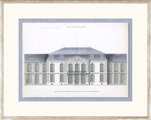 Blue Roof Façade VII wall art featuring a detailed architectural drawing in gray and white.