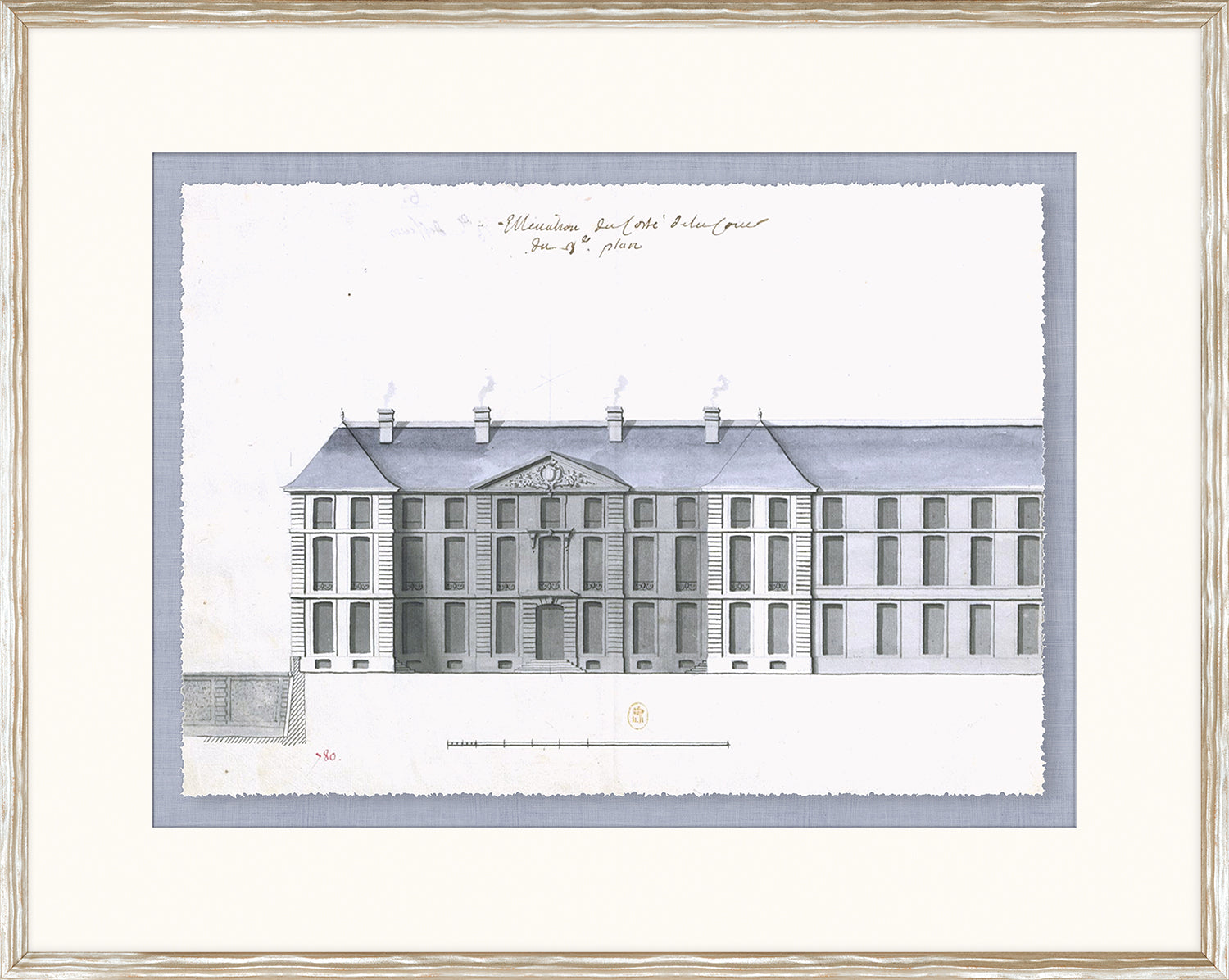 Blue Roof Façade VIII wall art featuring a detailed architectural drawing in gray tones.