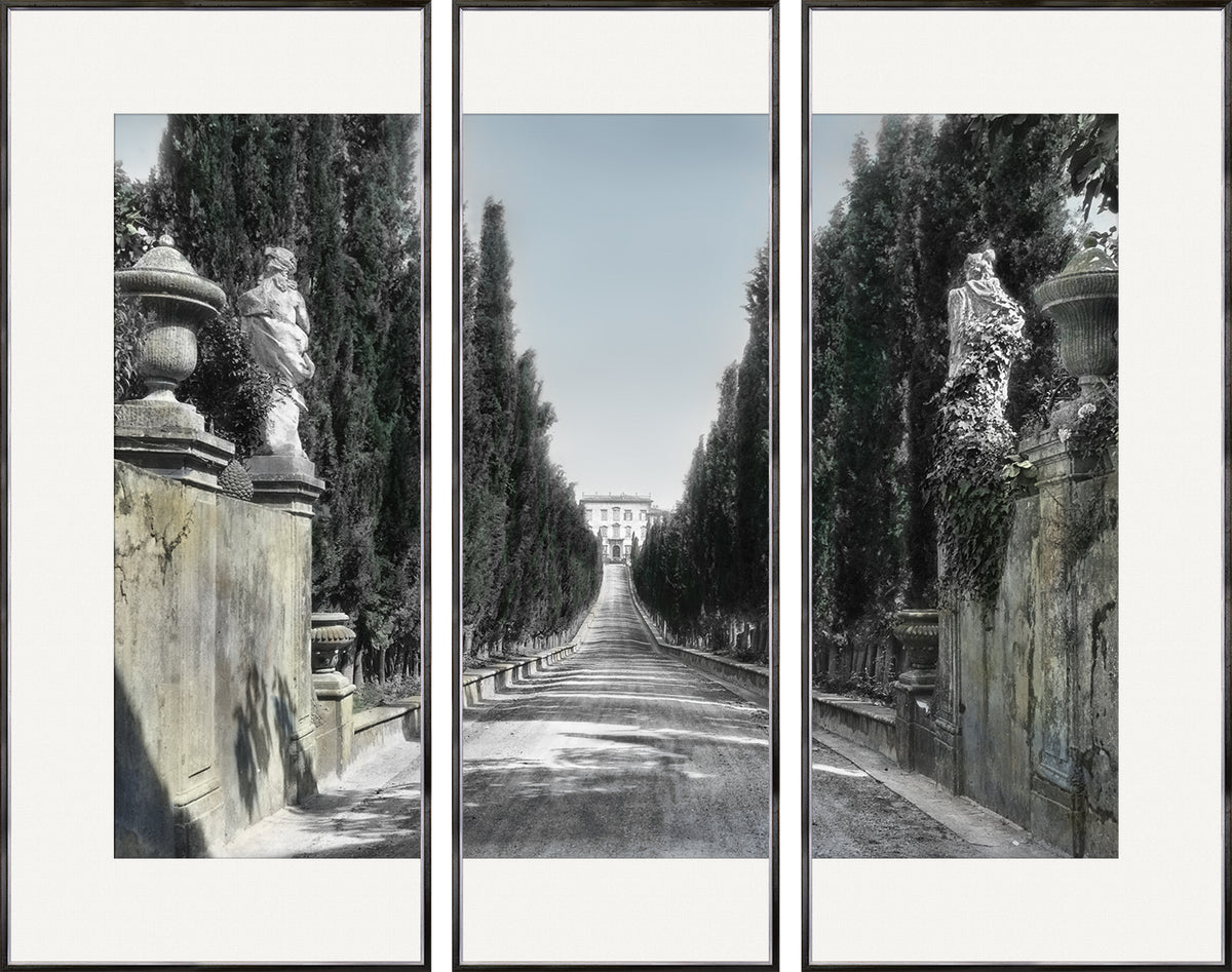 Sentiero Verso La Casa Triptych featuring a scenic pathway lined with cypress trees and stone sculptures