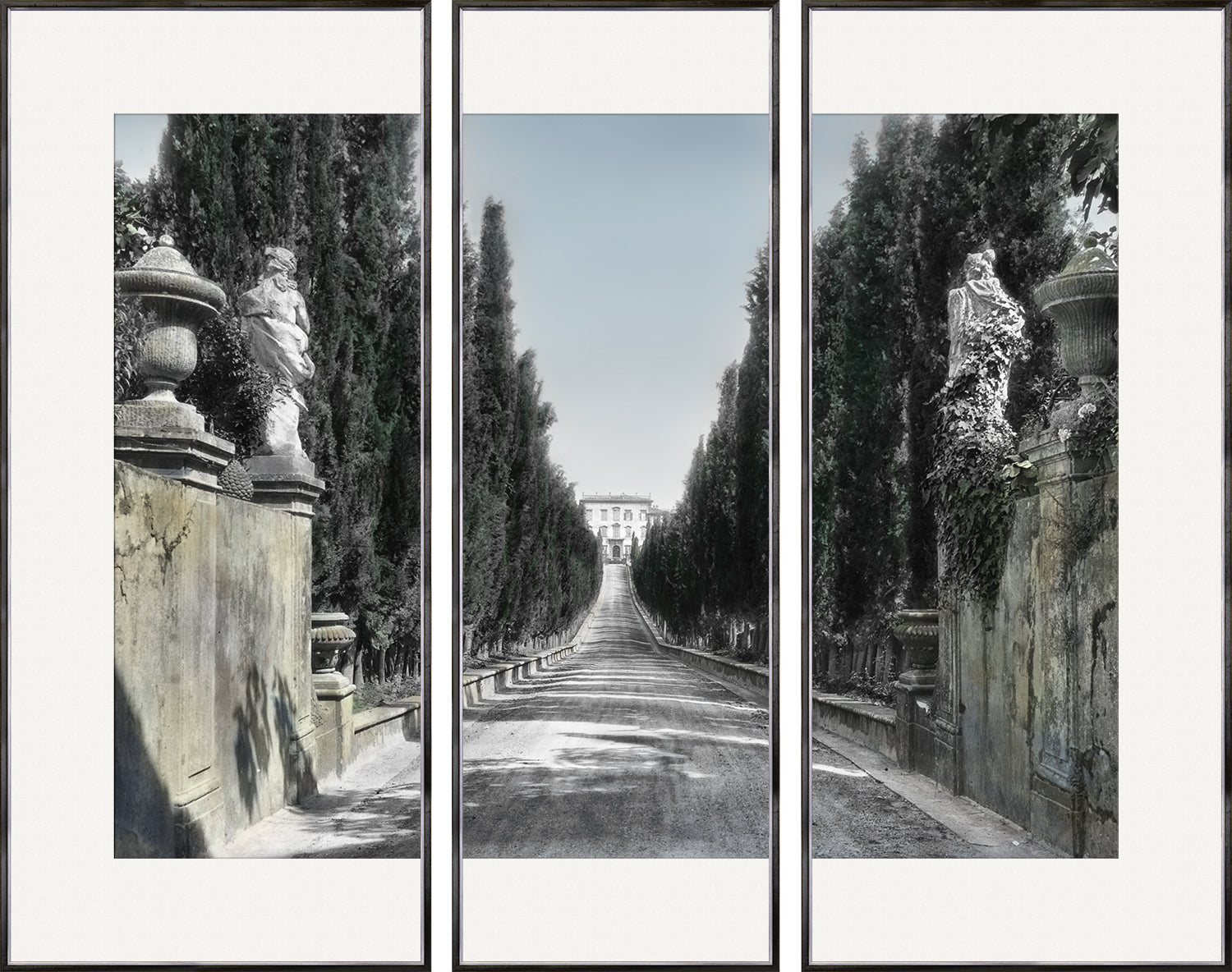 Sentiero Verso La Casa Triptych featuring a scenic pathway lined with cypress trees and stone sculptures