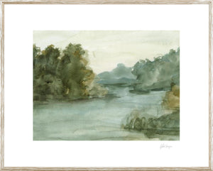 Watercolour Sketchbook I by Celadon, soft green landscape with trees and water, framed art piece.