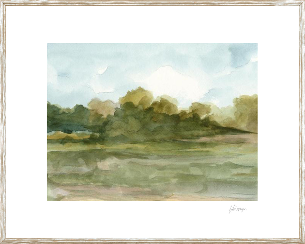 Watercolour Sketchbook II wall art featuring soft greens and blues, depicting a serene landscape.