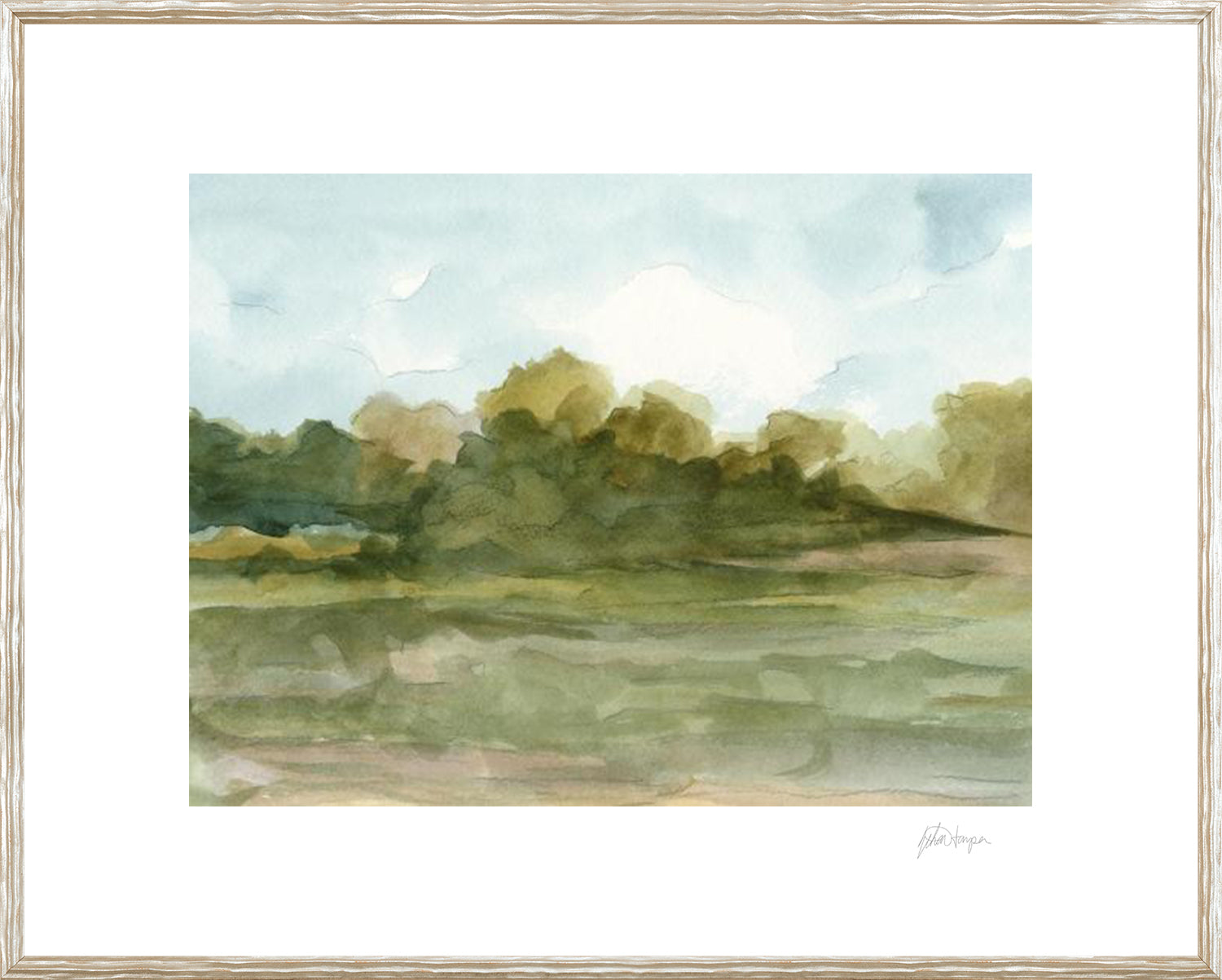 Watercolour Sketchbook II wall art featuring soft greens and blues, depicting a serene landscape.