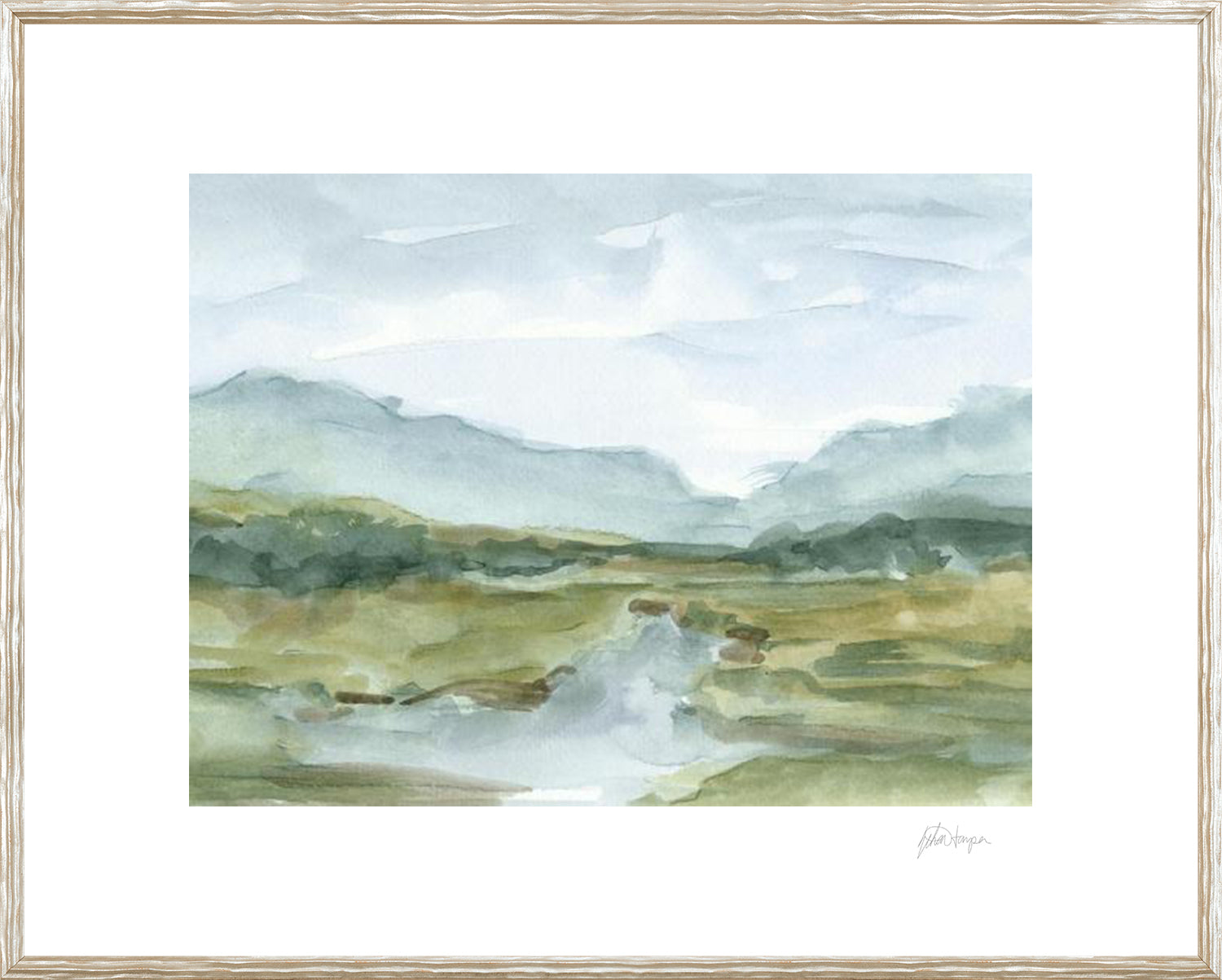 Watercolour Sketchbook IV wall art featuring soft green and blue landscape with mountains