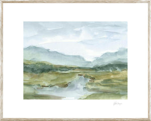 Watercolour Sketchbook IV wall art featuring soft green and blue landscape with mountains