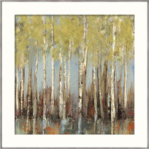 Estate – Oversize wall art featuring birch trees with green leaves and a soft blue background