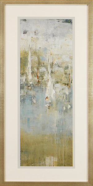 Sailors Muse I wall art featuring abstract sailboats in soft blues and earthy tones, framed in light wood.