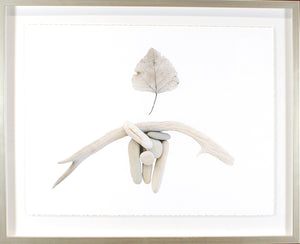 Found Objects wall art featuring smooth stones and driftwood with a leaf on a white background