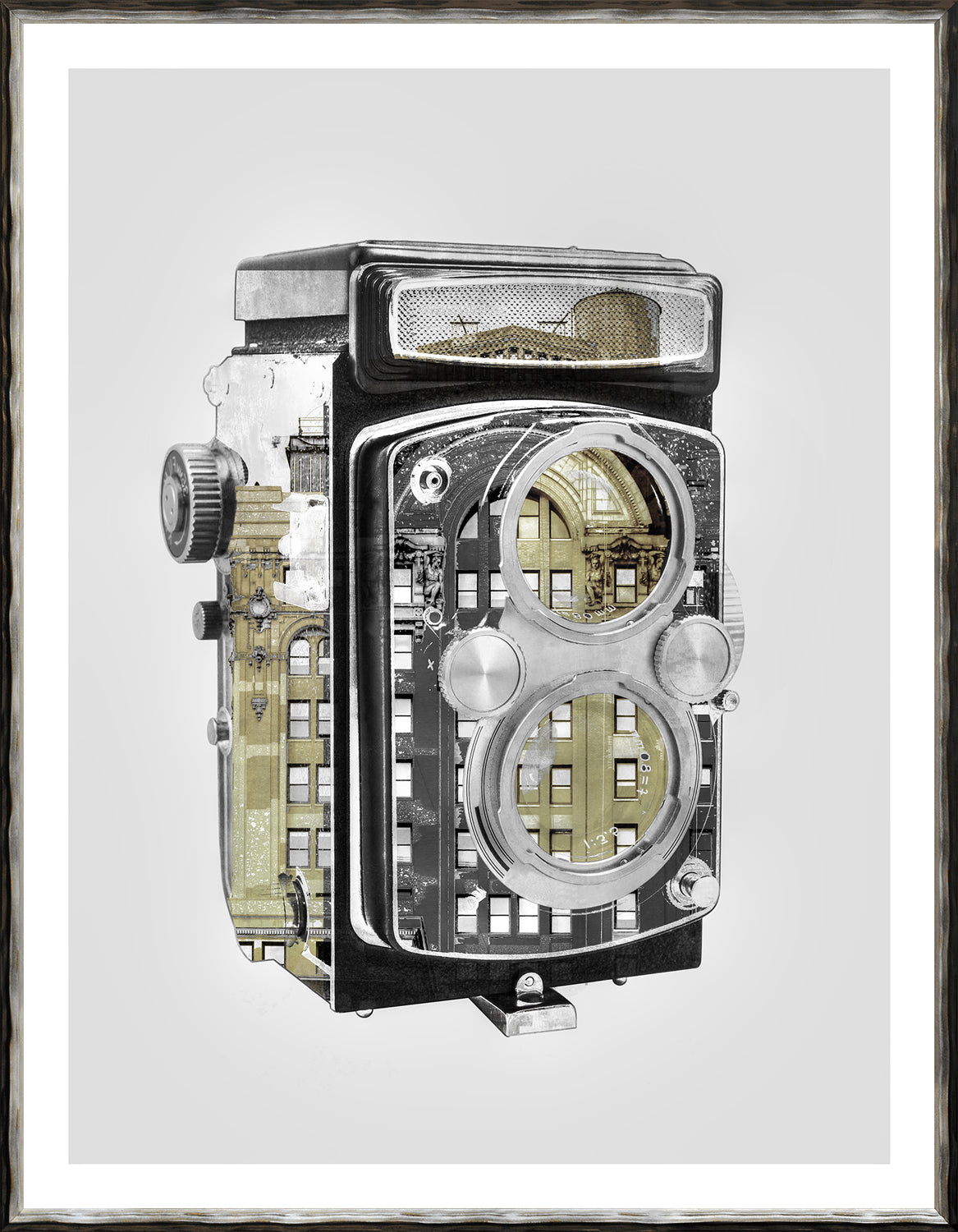 Vintage Camera II wall art featuring a detailed silver camera with architectural elements.