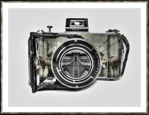 Vintage Camera III wall art featuring a detailed black and white camera with an urban scene inside.