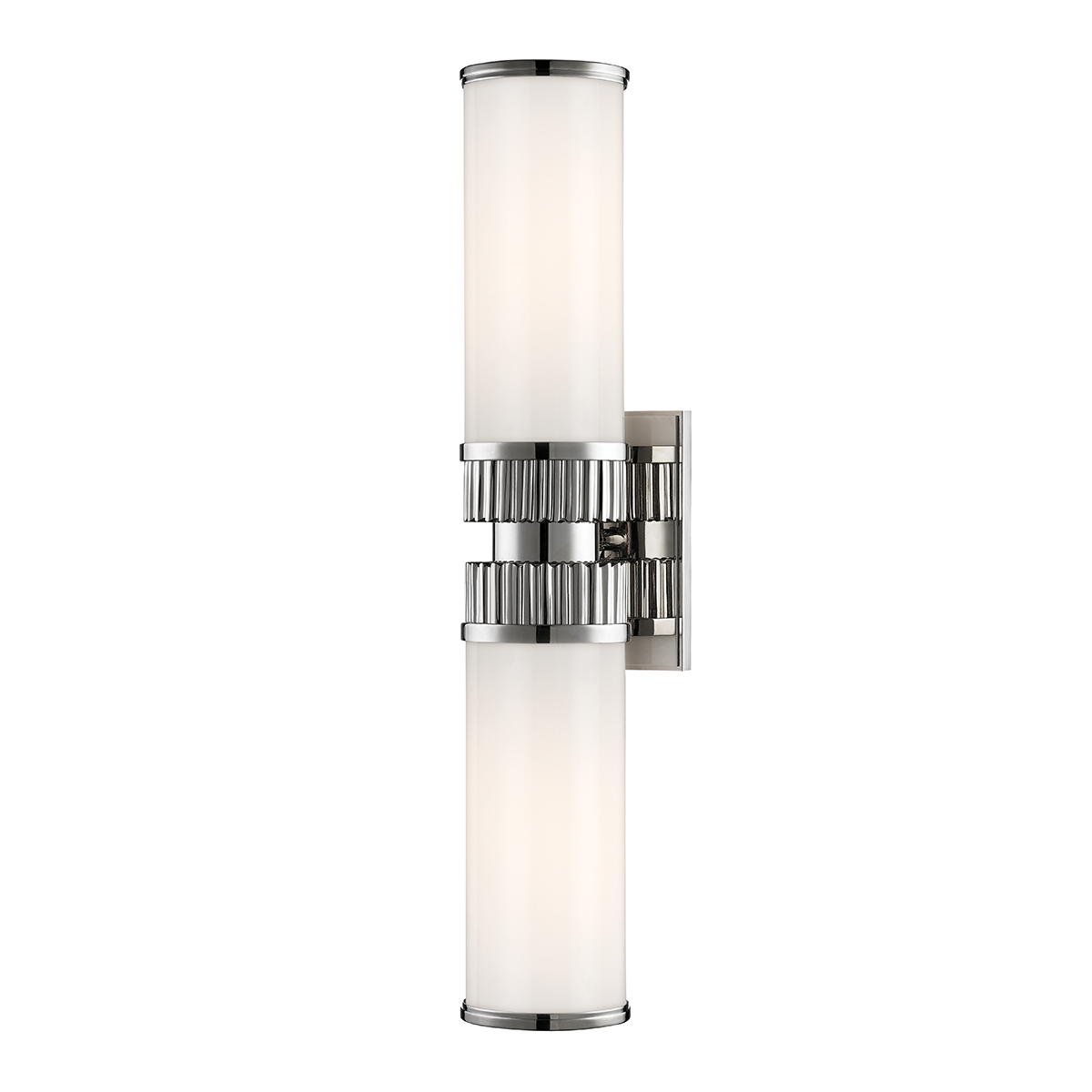 Harper Bath And Vanity in polished nickel shown from the front to reveal the arm spread and shade silhouette.