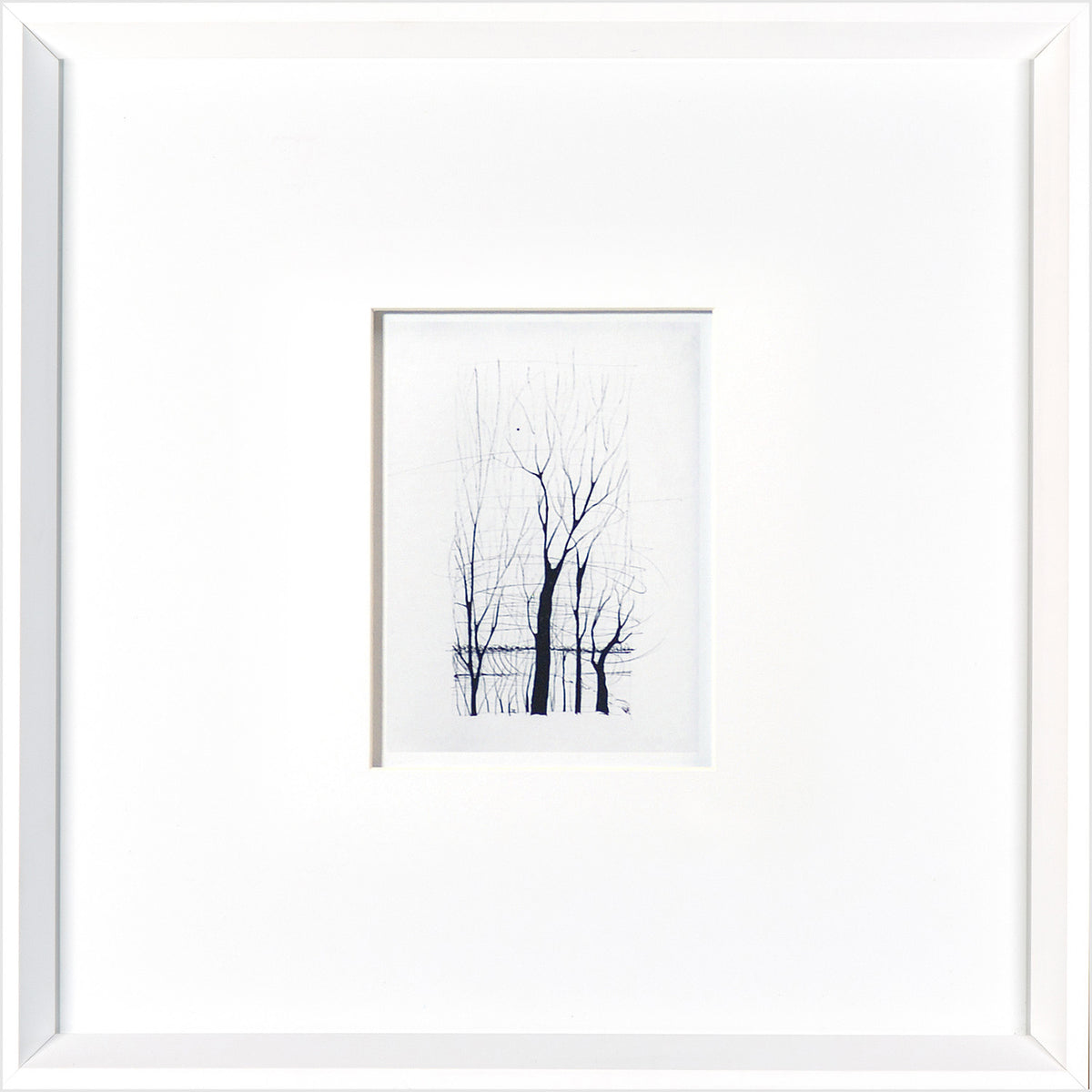 Tree Etching by Celadon, featuring delicate black tree outlines on white background, framed in white.