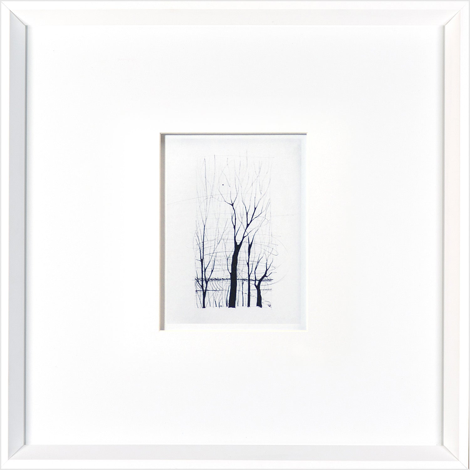 Tree Etching by Celadon, featuring delicate black tree outlines on white background, framed in white.