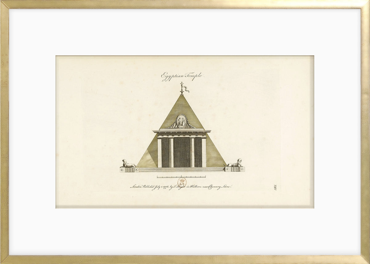 Engraving – Egyptian Temple, 1778, featuring a pyramid structure with detailed columns and lions.