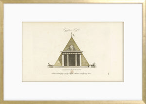 Engraving – Egyptian Temple, 1778, featuring a pyramid structure with detailed columns and lions.