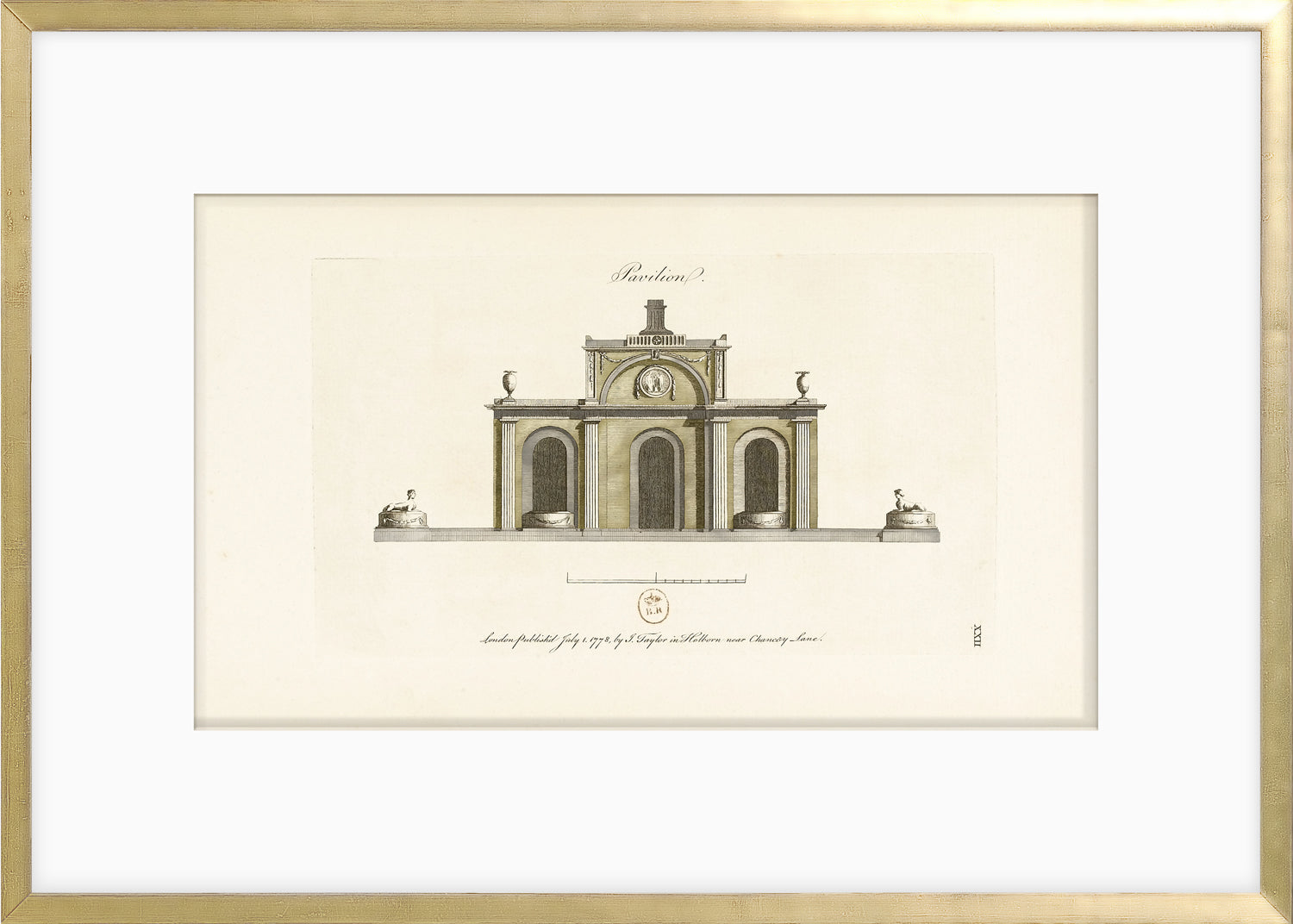 Engraving Pavilion I, 1778, featuring architectural details and classical elements.