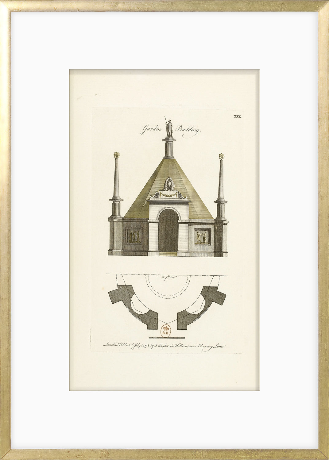 Engraving – Garden Building, 1778 by Celadon, detailed architectural illustration with a dome and spires.