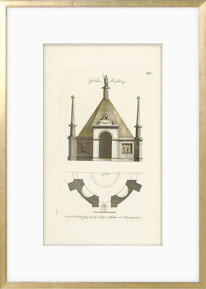 Engraving – Garden Building, 1778 by Celadon, detailed architectural illustration with a dome and spires.