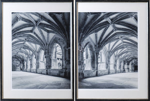 Cloister Dyptych wall art featuring black and white arches and windows in a gothic style