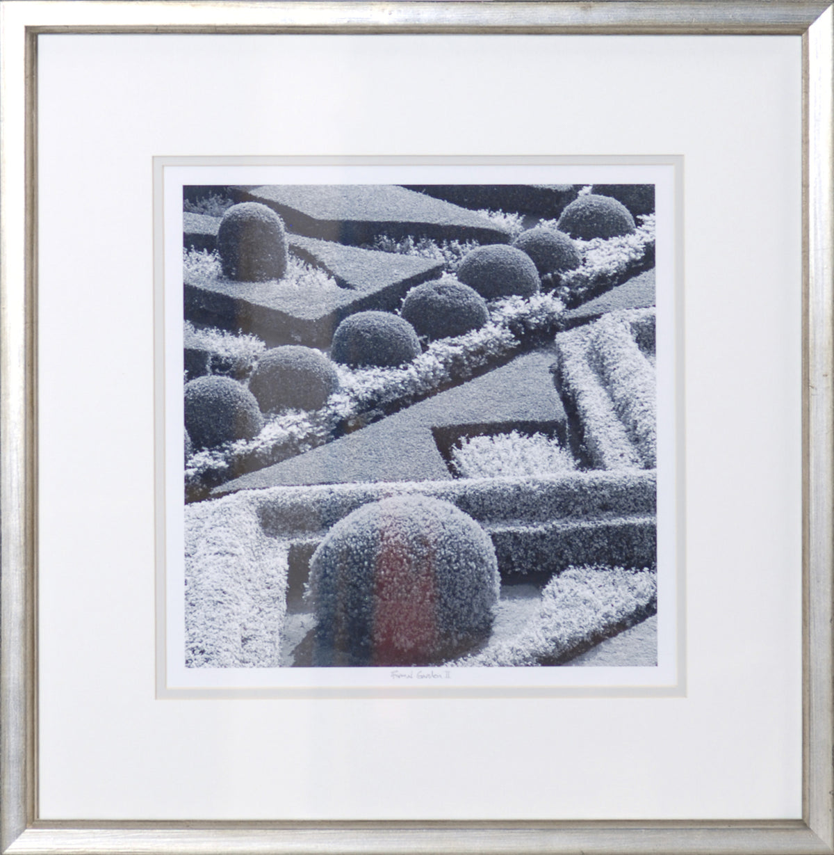 Formal Garden II wall art featuring a monochrome garden scene with rounded hedges and geometric patterns