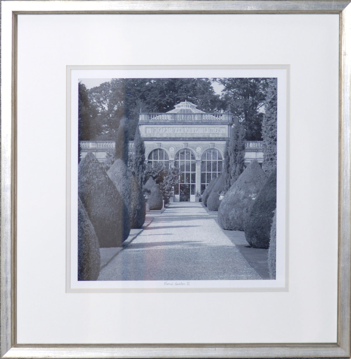 Formal Garden III wall art featuring a garden pathway with manicured hedges and a glass conservatory.