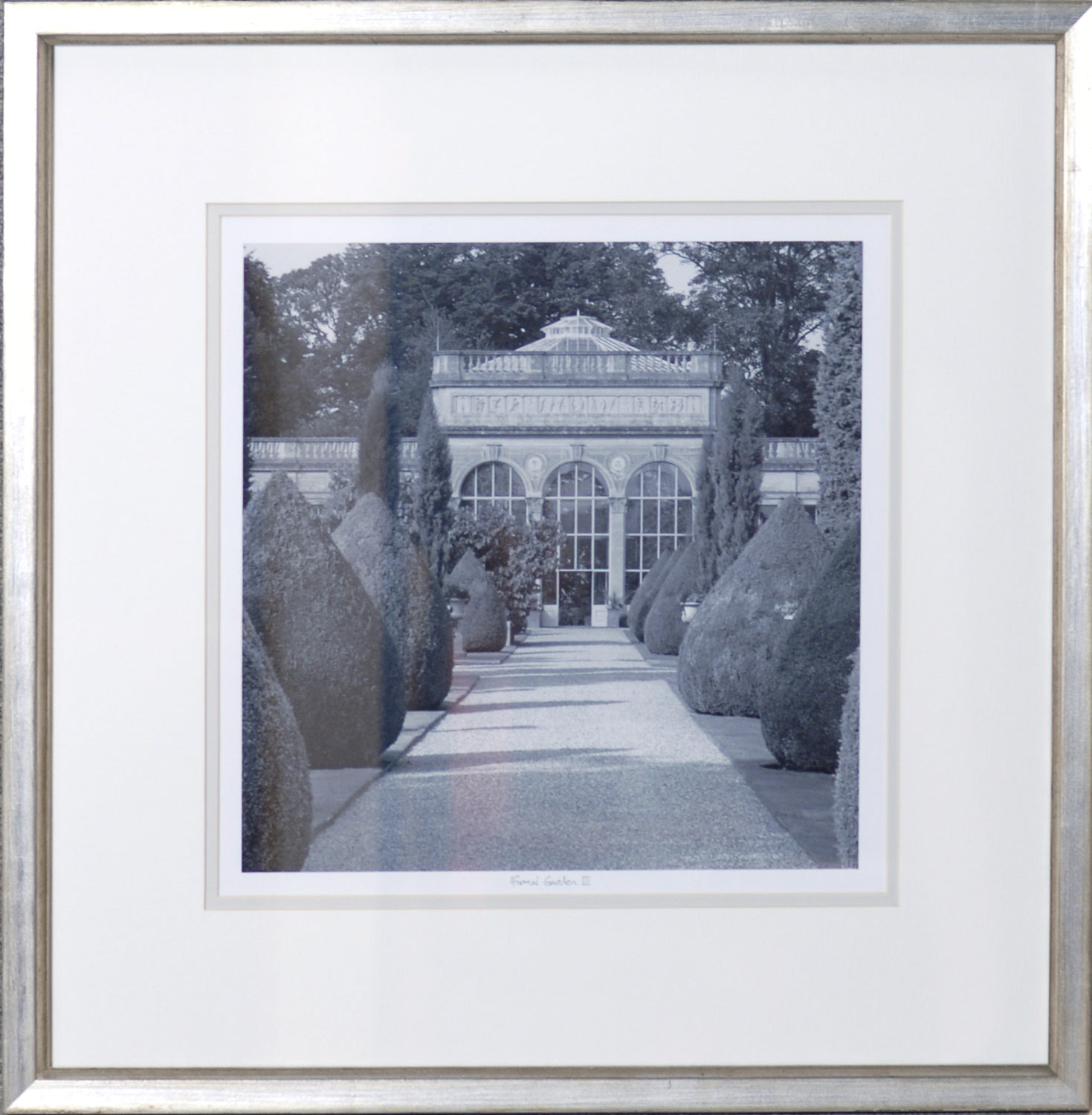 Formal Garden III wall art featuring a garden pathway with manicured hedges and a glass conservatory.