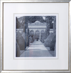 Formal Garden III wall art featuring a garden pathway with manicured hedges and a glass conservatory.