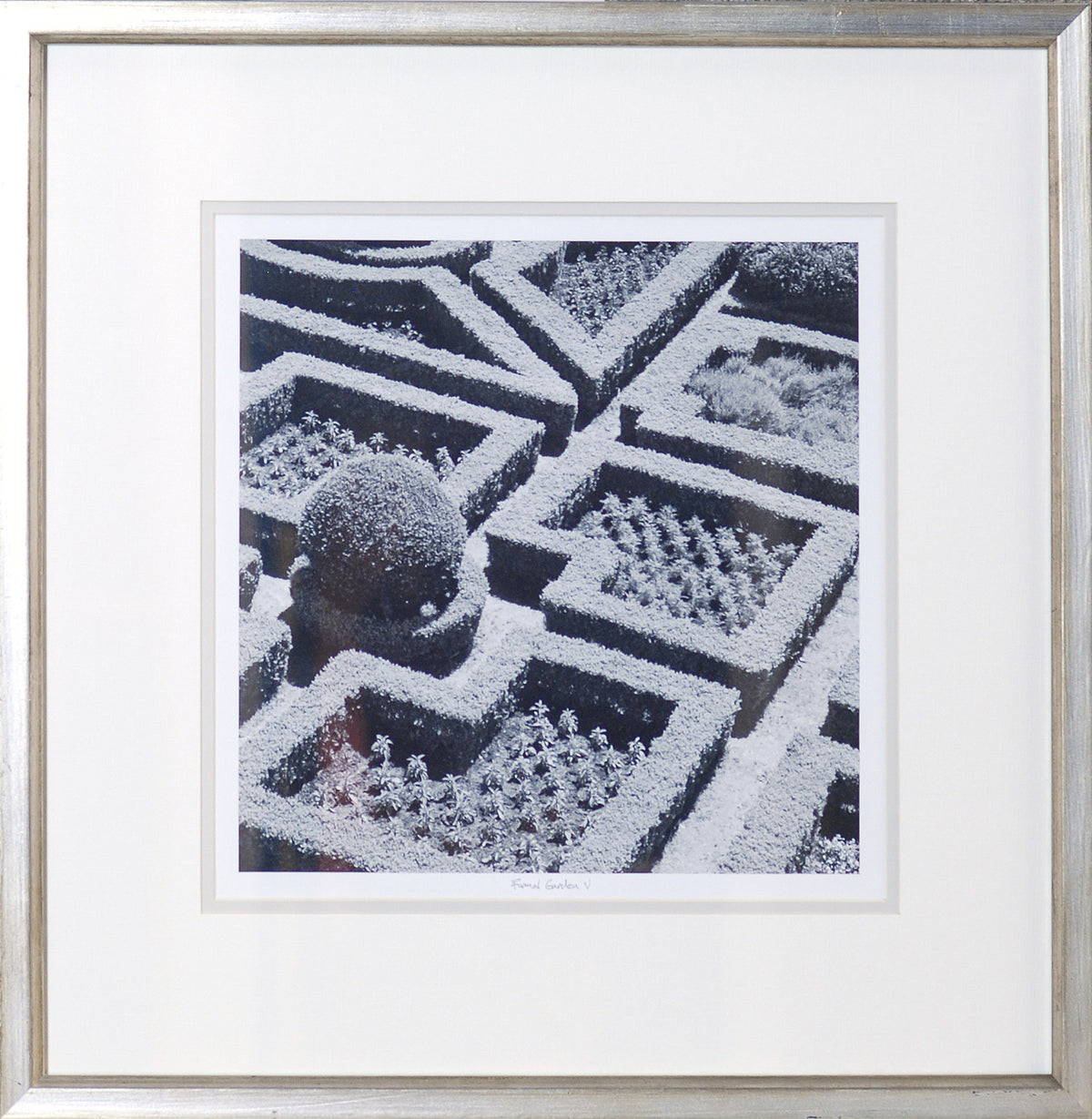 Formal Garden V wall art featuring a black and white aerial view of geometric garden patterns