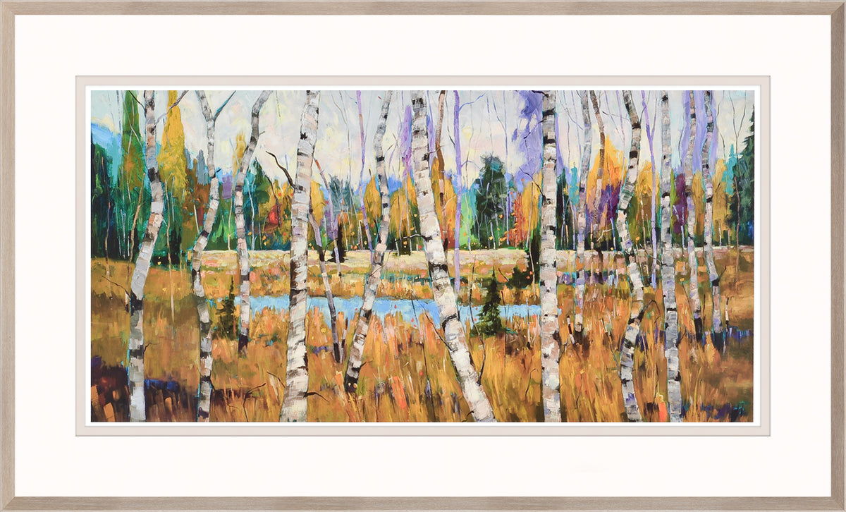 October Parade wall art featuring birch trees and autumn colors in a framed landscape