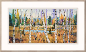 October Parade wall art featuring birch trees and autumn colors in a framed landscape