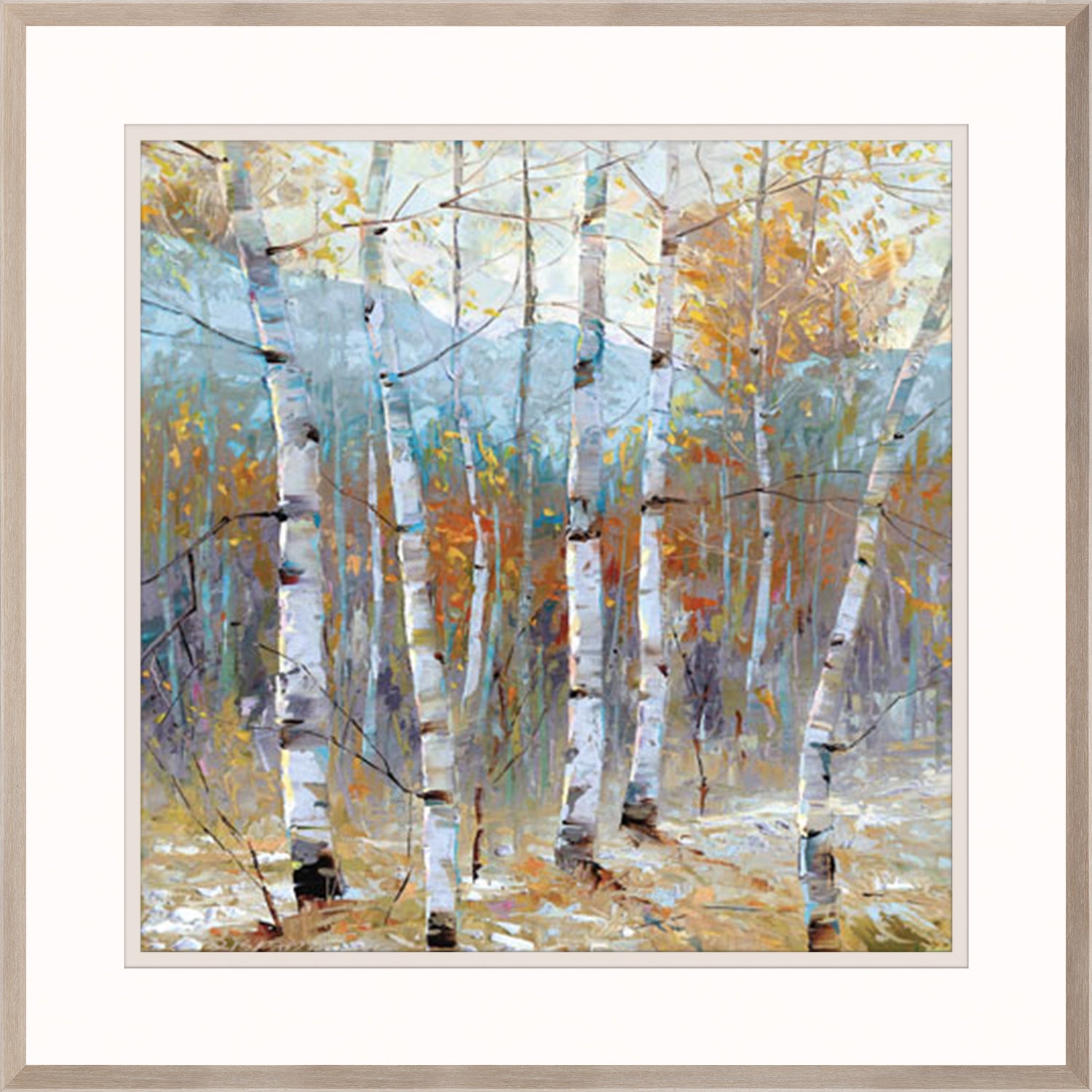 Still Morning wall art featuring birch trees with autumn leaves in soft colors