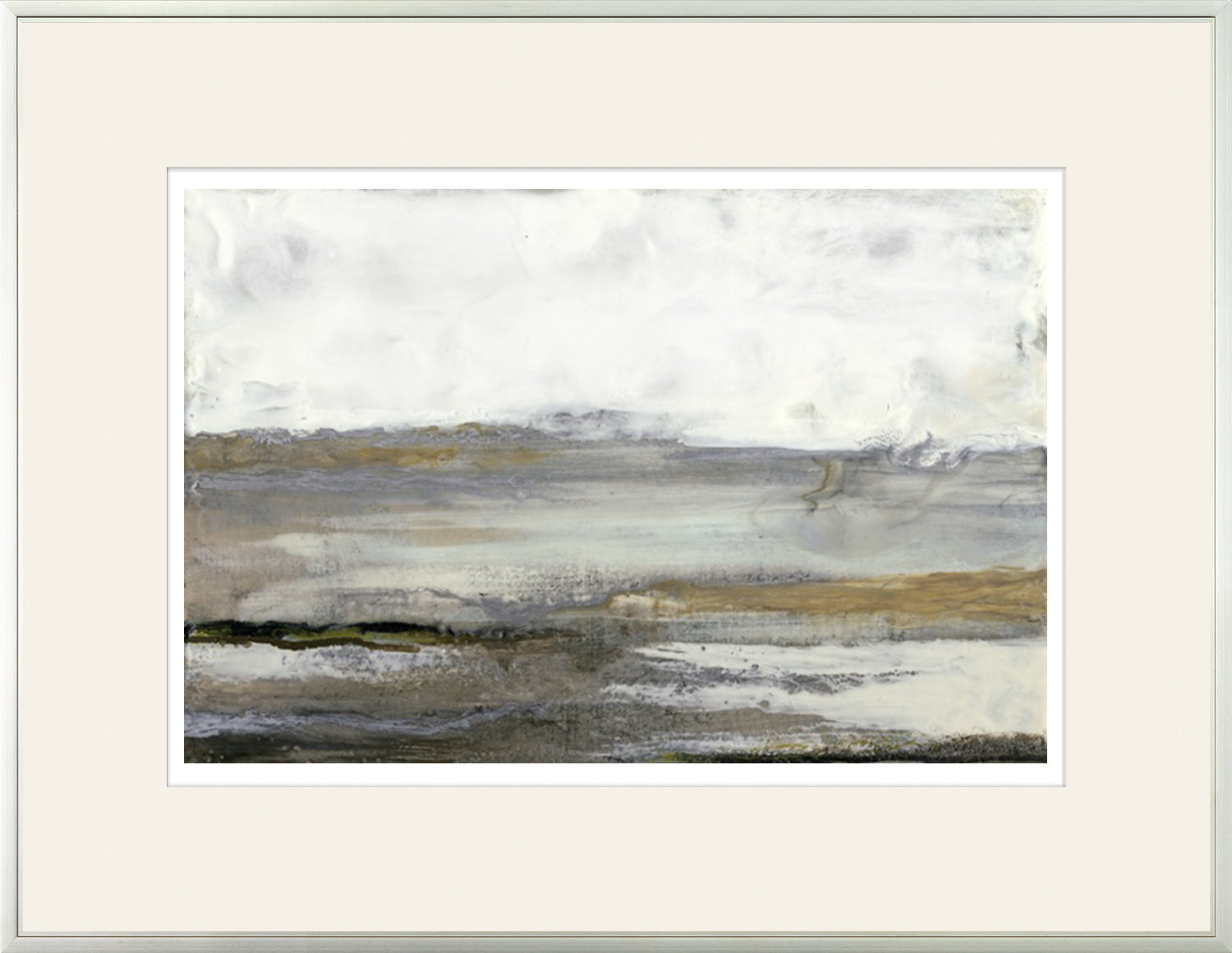 Gray Mist III limited edition wall art featuring abstract gray and beige tones in a framed design.