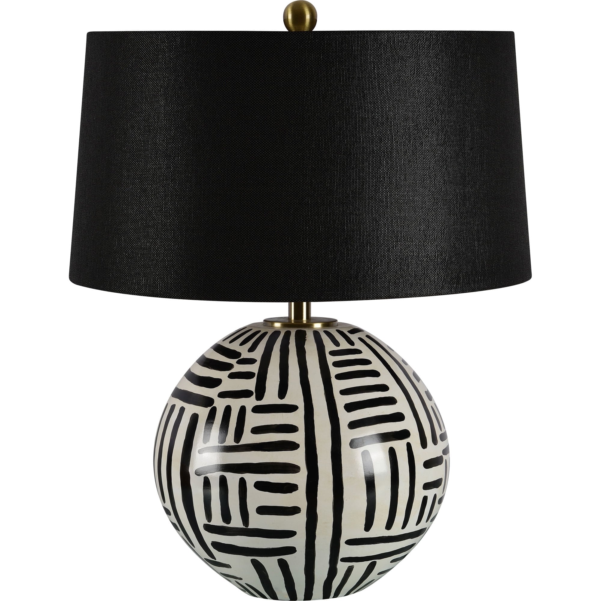 Milka table lamp showcasing a round ceramic base with black stripes and a black linen shade, viewed from the front.
