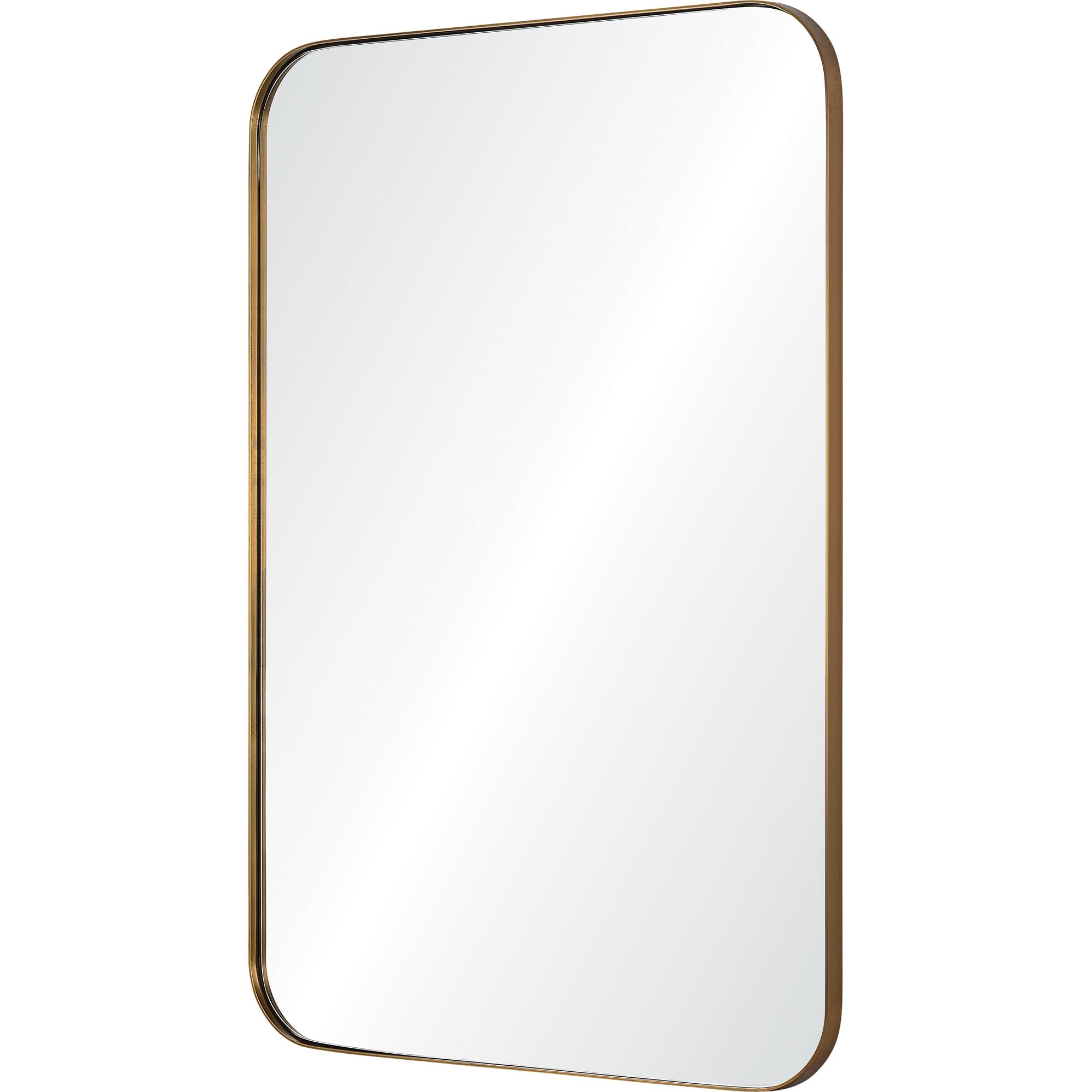 Edwin mirror with a sleek gold frame and a rectangular shape, showcasing a clear reflection.