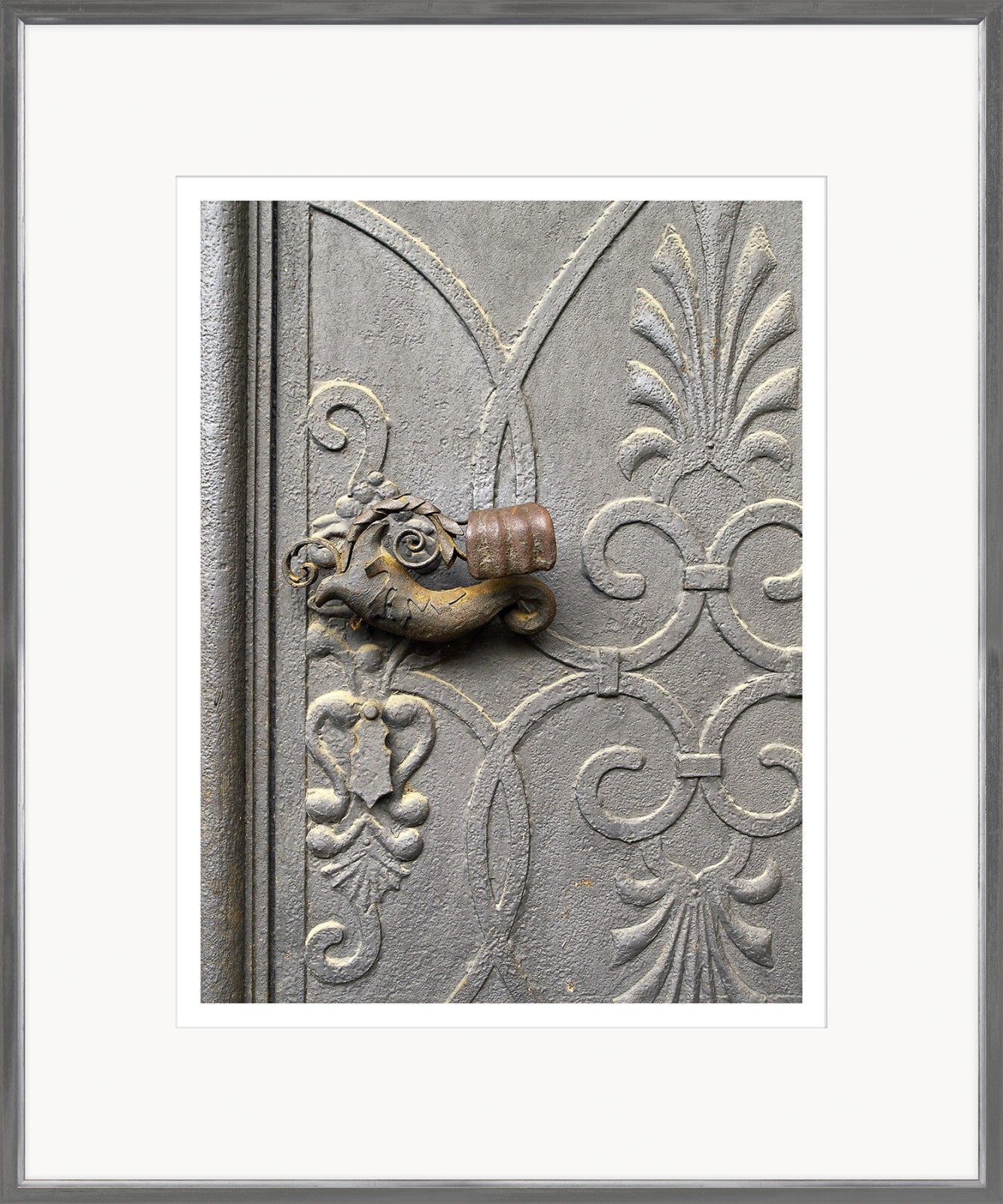 European Door Detail II wall art featuring an ornate door handle and intricate carvings in gray tones.