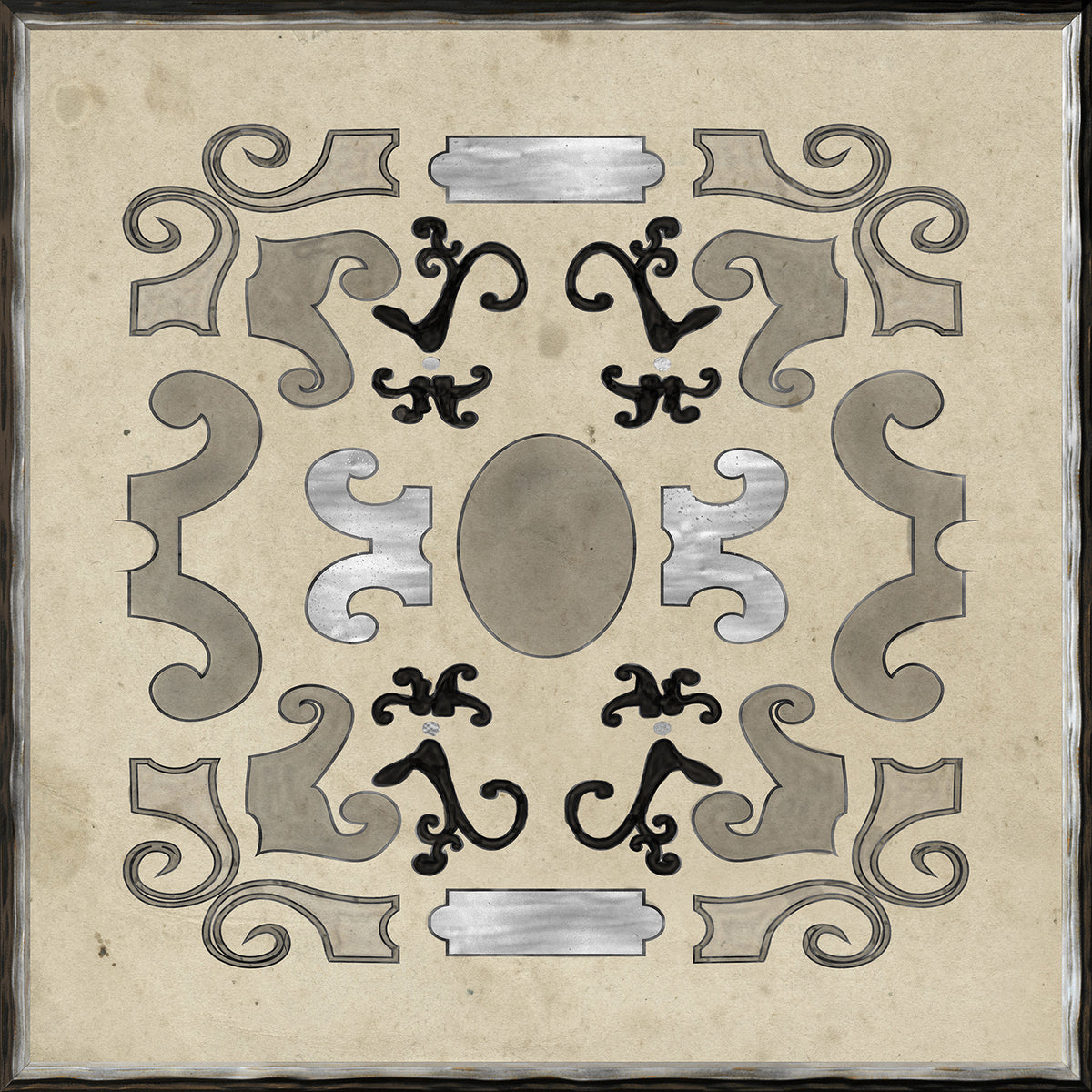 Parterre Design I wall art featuring intricate black and silver patterns on a beige background.