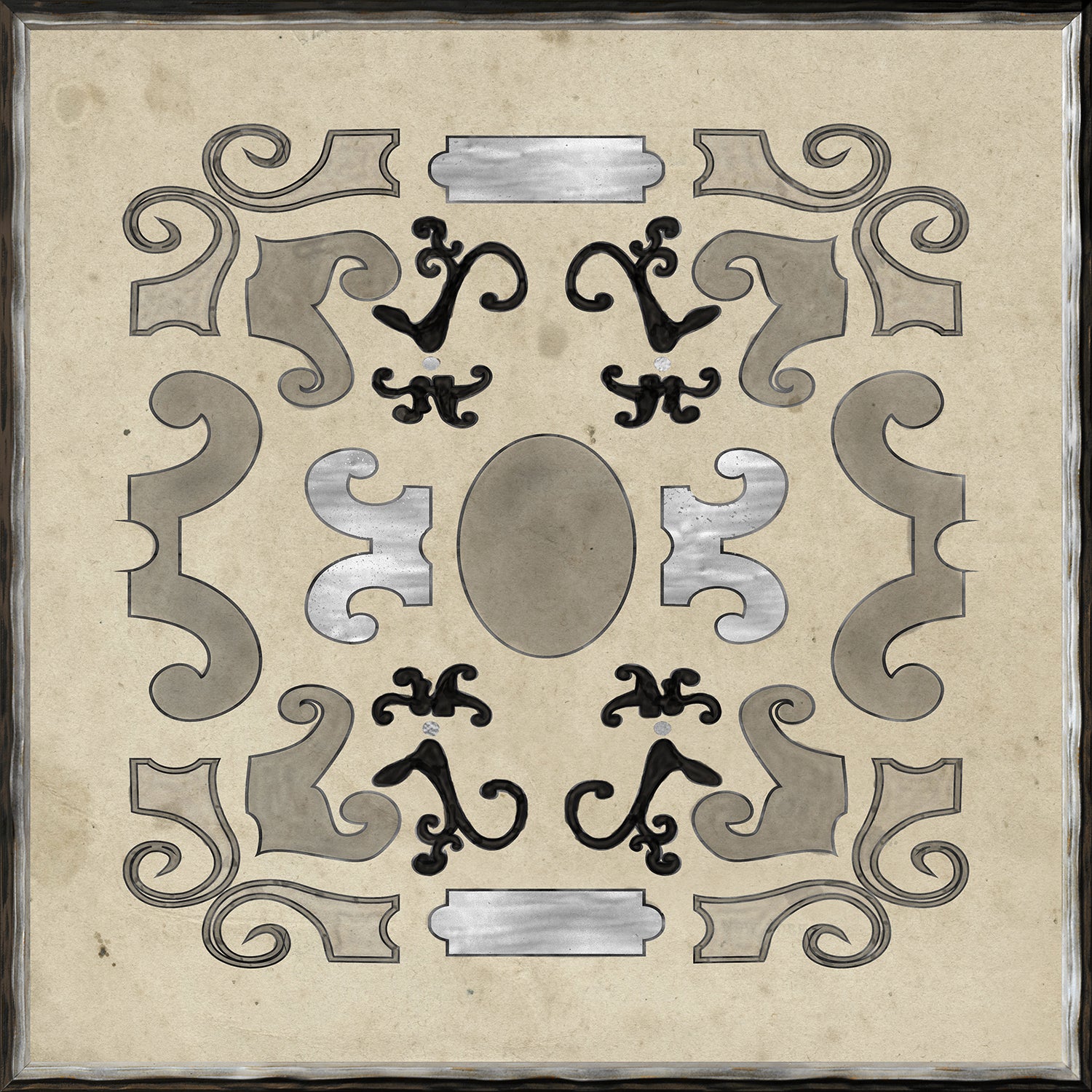 Parterre Design I wall art featuring intricate black and silver patterns on a beige background.