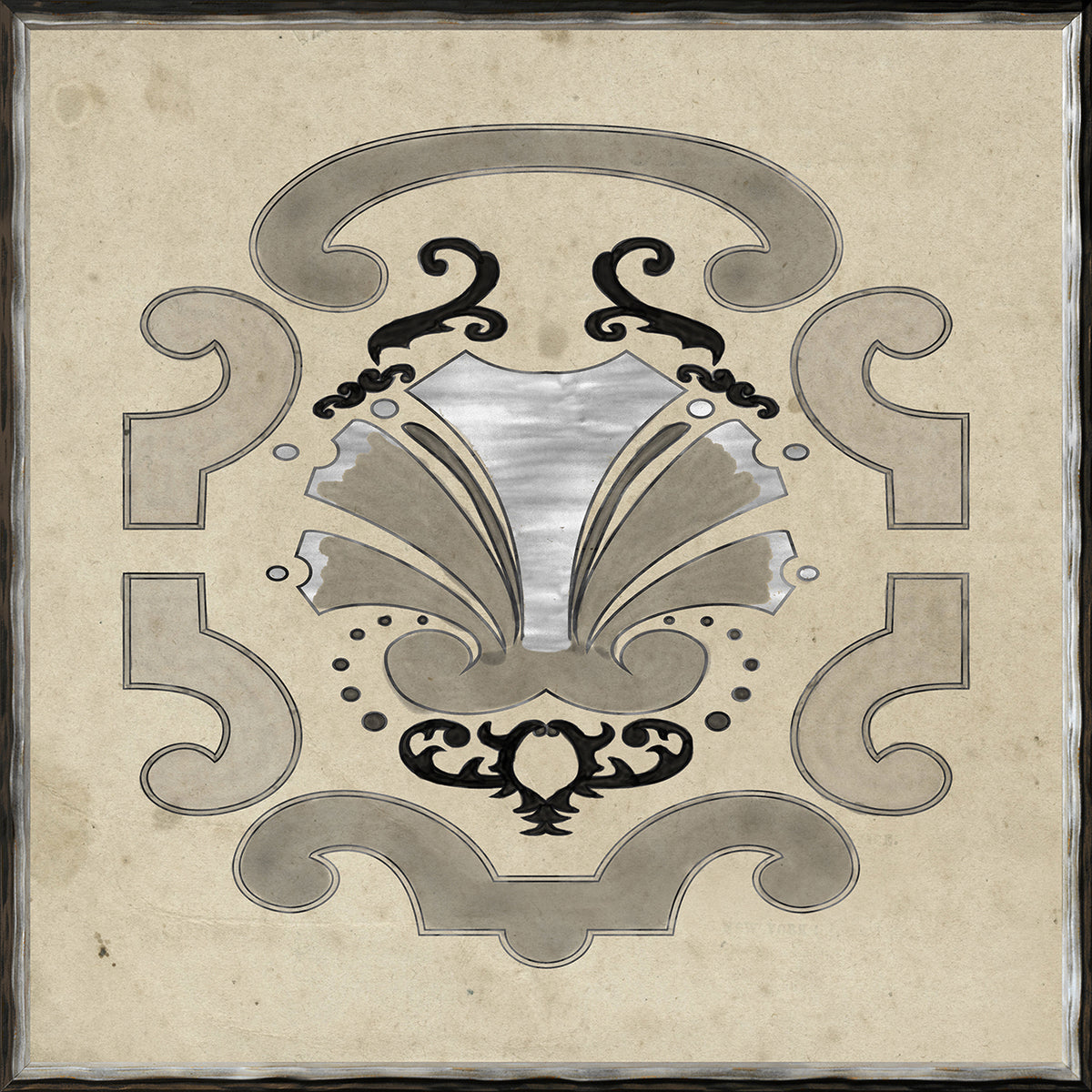 Parterre Design II wall art featuring intricate black and silver patterns on a beige background.