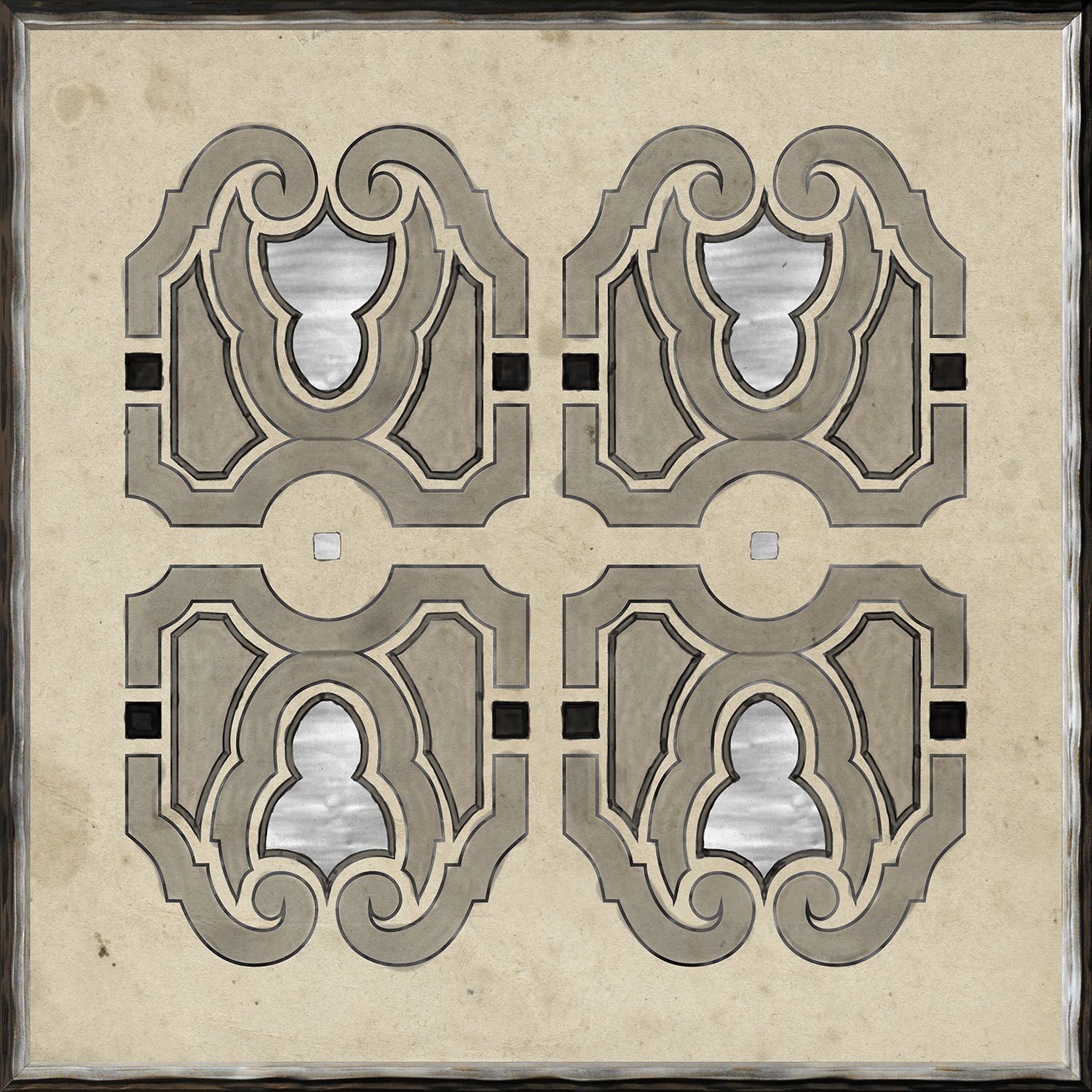 Parterre Design III wall art featuring intricate gray and black patterns on a beige background.