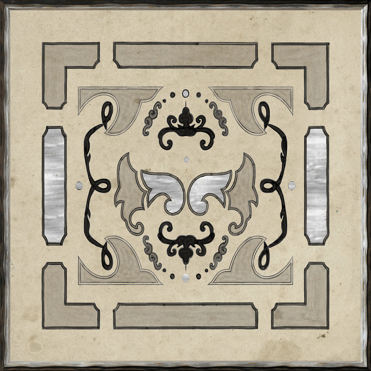 Parterre Design IV wall art featuring intricate patterns in beige, black, and silver tones.