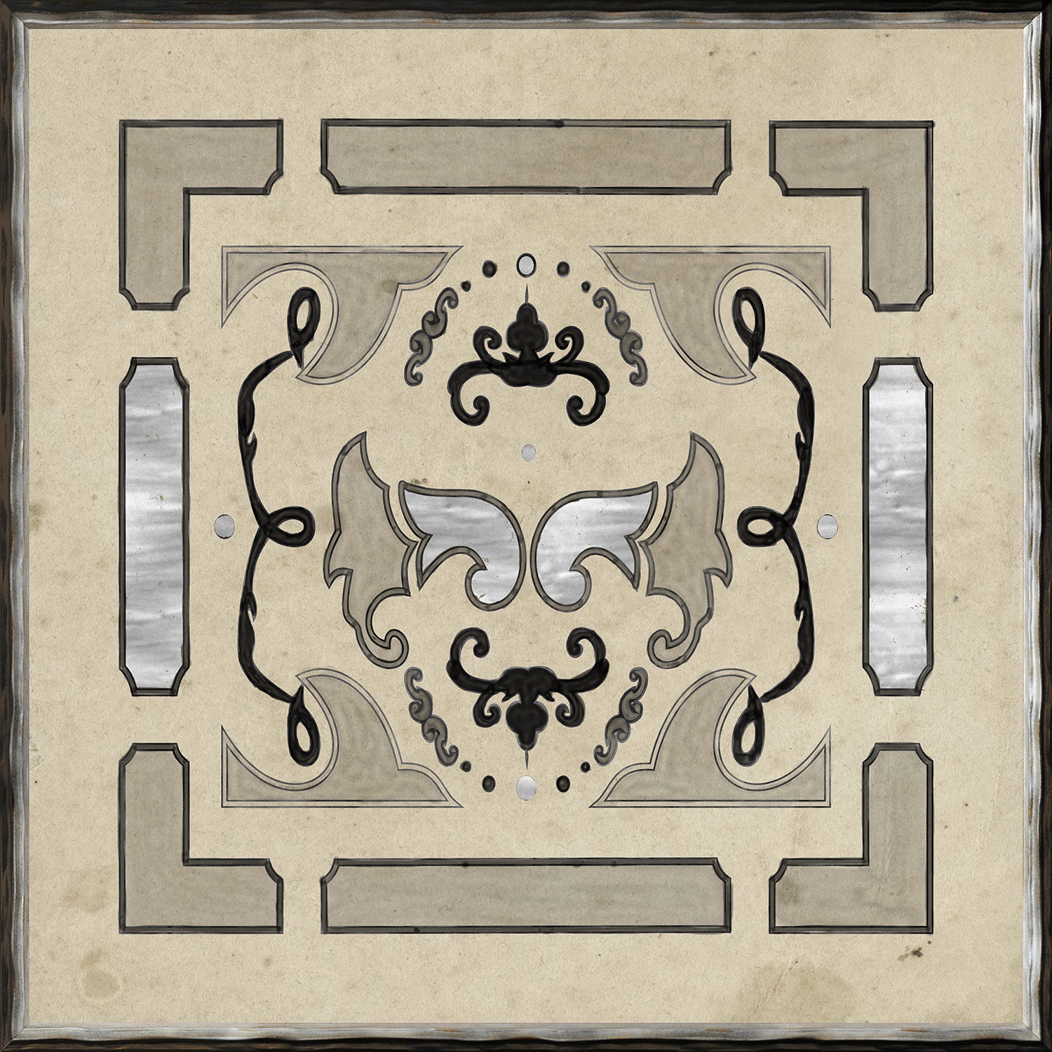 Parterre Design IV wall art featuring intricate patterns in beige, black, and silver tones.