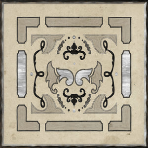 Parterre Design IV wall art featuring intricate patterns in beige, black, and silver tones.