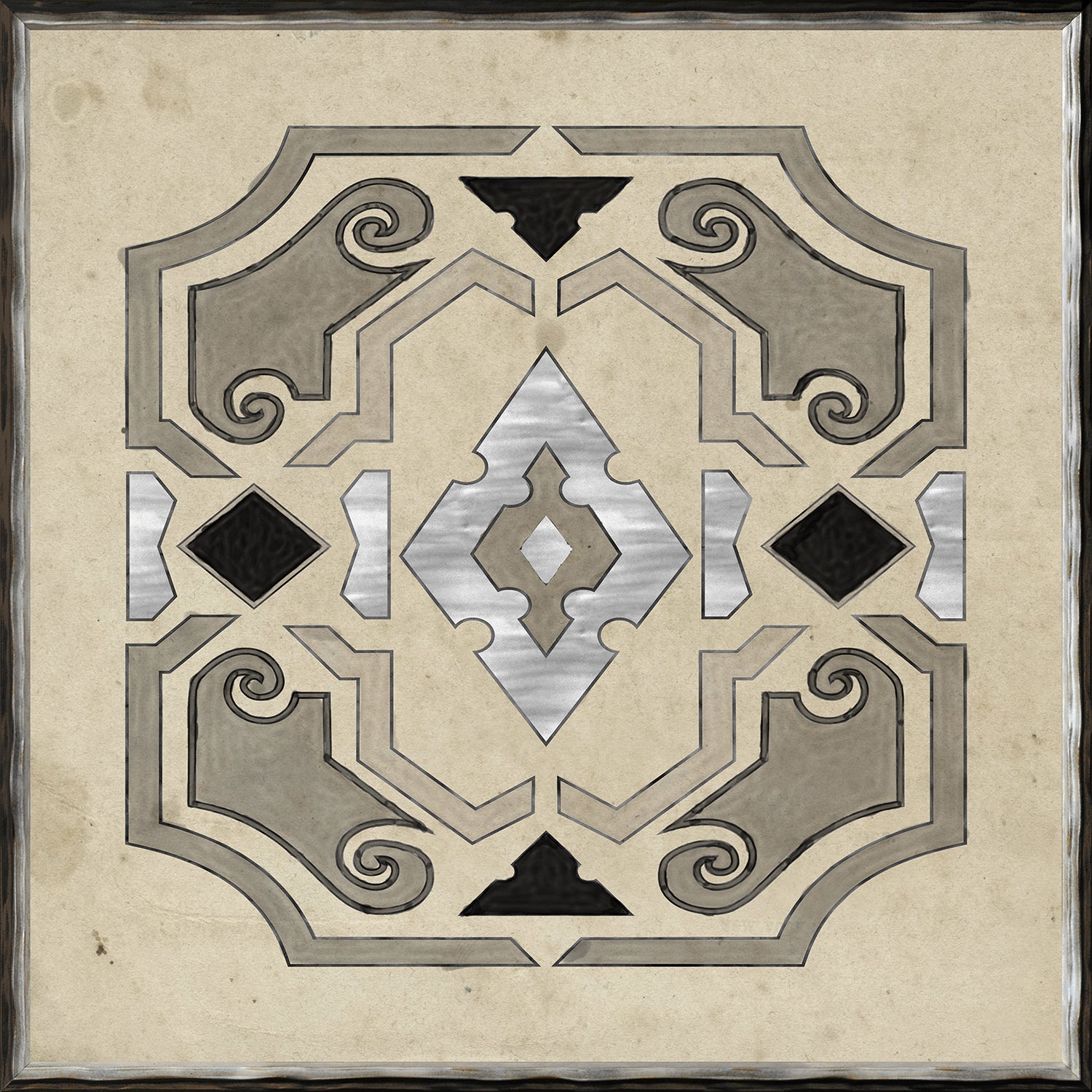 Parterre Design V wall art featuring intricate geometric patterns in gray, black, and silver tones.