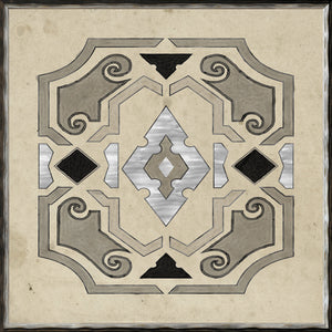 Parterre Design V wall art featuring intricate geometric patterns in gray, black, and silver tones.