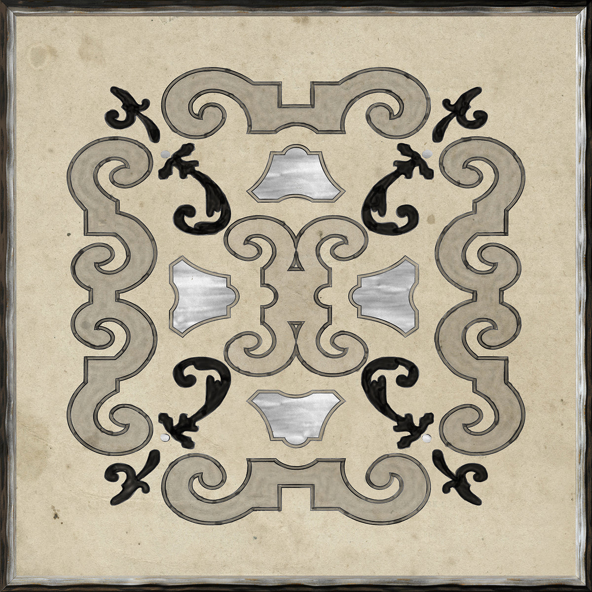 Parterre Design VI wall art featuring intricate black and silver patterns on a beige background.