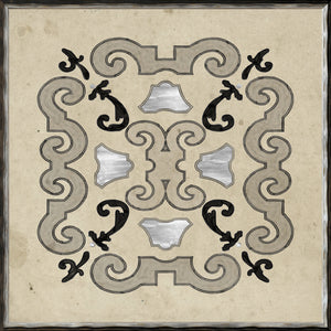 Parterre Design VI wall art featuring intricate black and silver patterns on a beige background.