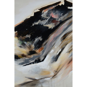 Infusion canvas art close-up showing abstract mountain in black, beige, and gray hues.