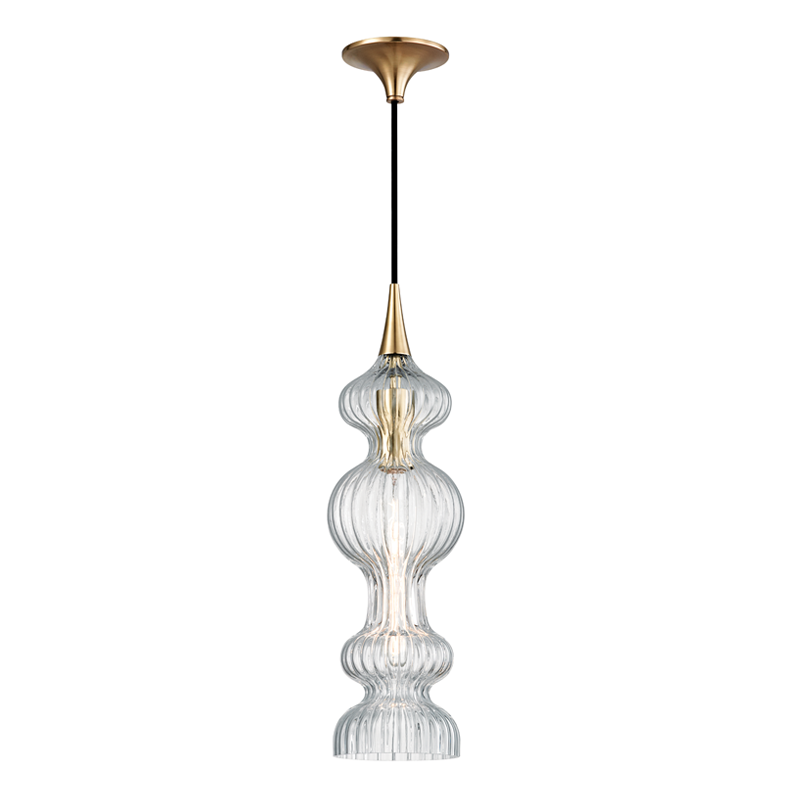 Pomfret Pendant in aged brass shown from the front to reveal the shade shape and metal detail.