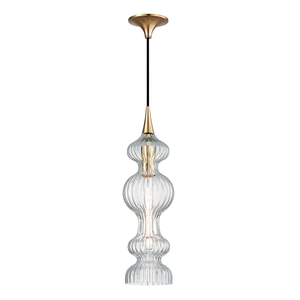Pomfret Pendant in aged brass shown from the front to reveal the shade shape and metal detail.